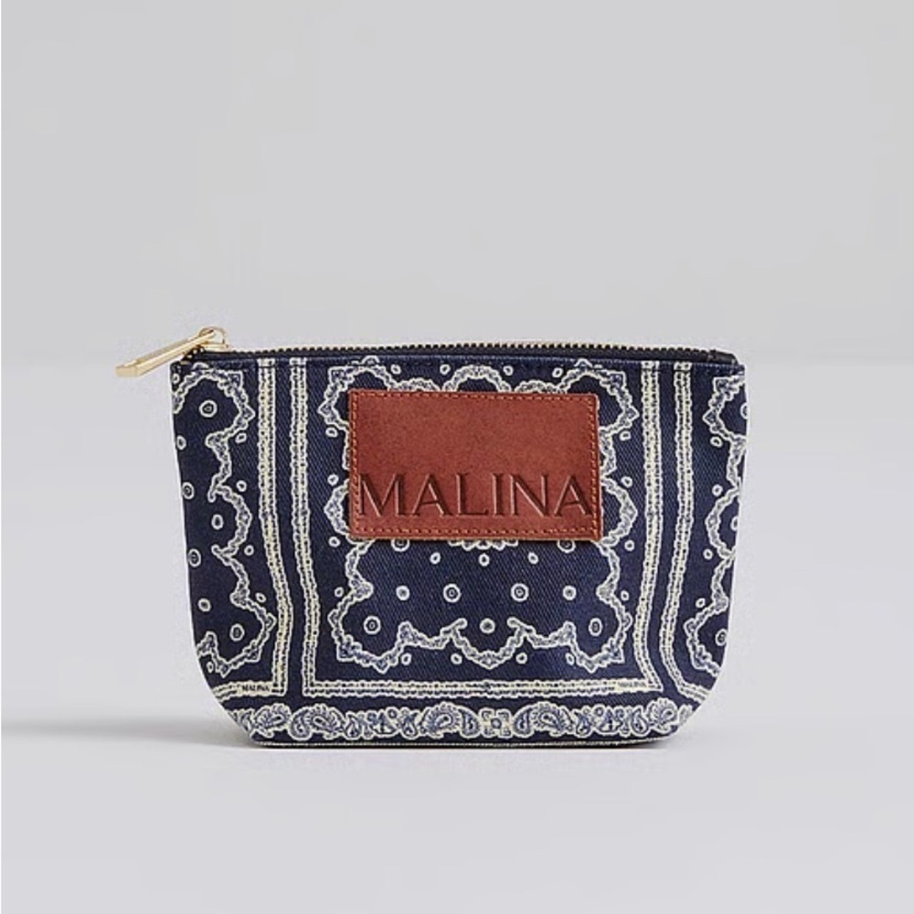 Malina Navy Bandana Print Cosmetic Pouch with Leather Logo